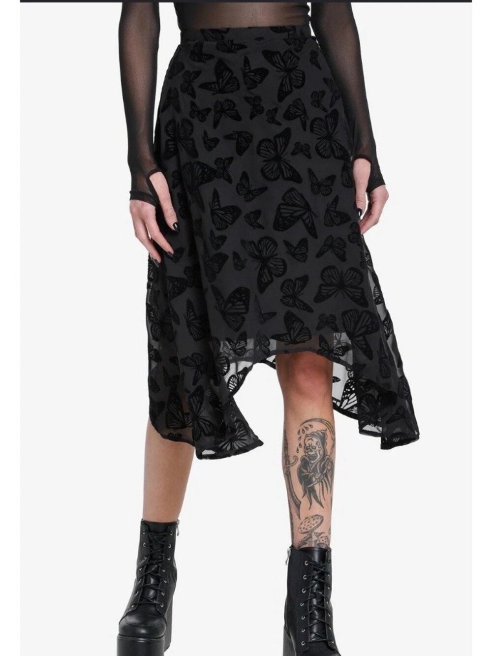 Cosmic Aura Size XL Black Butterfly Velvet Mesh Handkerchief Midi Skirt Goth